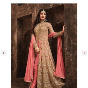 Beige Embroidered Net Suit with Peach Salwar and Peach dupatta